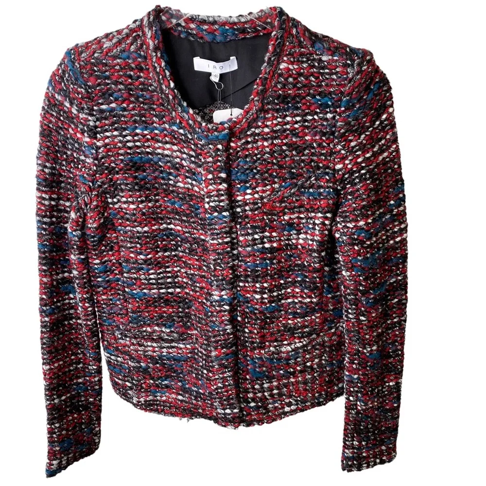 NWT IRO Carene Tweed Jacket Knit Knotted Boucle Red Black Wool Blend Size 40/L - Picture 3 of 14
